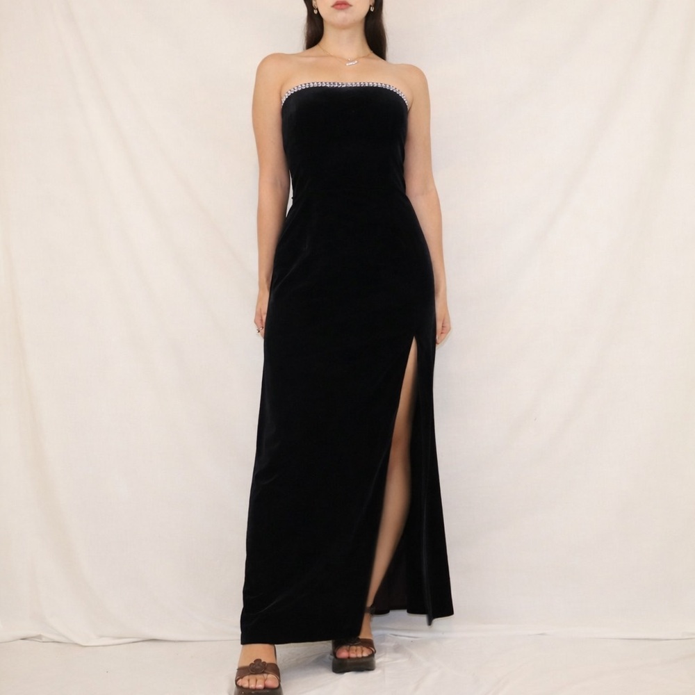 Jessica mcclintock gunne sax black strapless velvet dress, rhinestones & slit